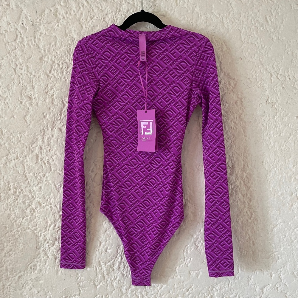 NWT- Fendi x Skims Mock Neck Long Sleeve Thong Bodysuit Colorado Purple Size XXS